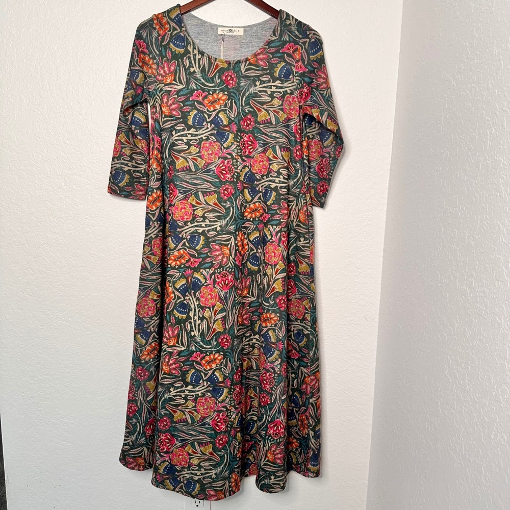 Natural Life Floral Knit Midi Dress 3/4 Sleeve Pockets Multi Color - Picture 2 of 8
